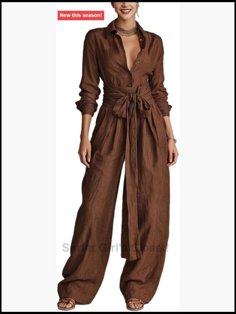 2 Piece Pants Set Button Down Shirt High Waist Wide Leg Pants with Belt